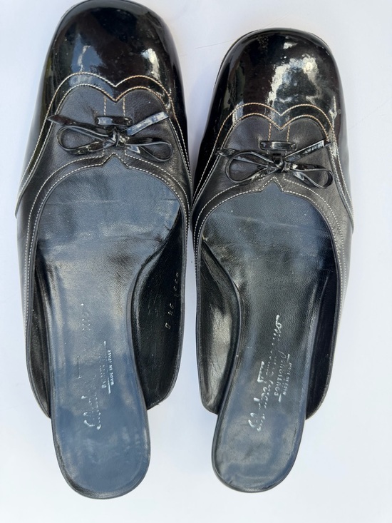 Salvatore Ferragamo Shoes - Salvatore Ferragamo Black Patent Leather Bow-Trim Slip-On Flats